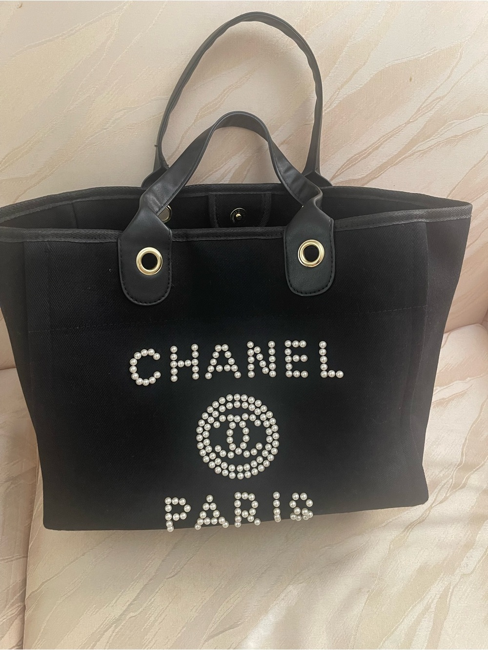 Black Canvas Pearl-Logo Tote. Used bag